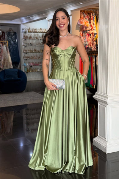 Elegant A-Line Sweetheart Sage Green Satin Long Prom Dresses with Pockets VK25102804