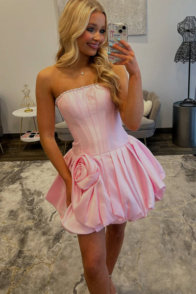 A Line Strapless Pink Satin Short Homecoming Dress with Beading AB26073008