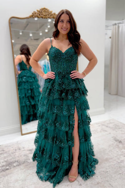 A-Line Spaghetti Straps Green Ruffle Tiered  Appliques Prom Dresses with Slit VK26012605