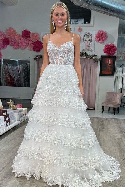 Black Tulle Sequin Tiered Long Gown with Spaghetti Straps VK23092406