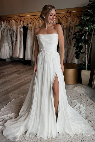 Chiffon A Line Strapless Corset Pleated Bridal Wedding Dresses with Split  VK25101401
