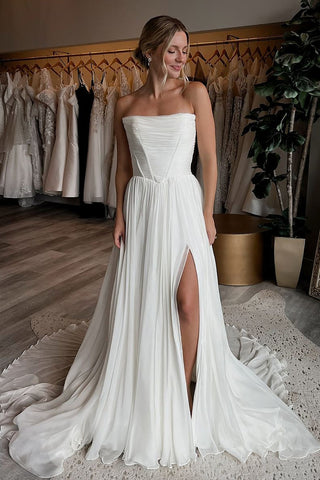 Chiffon A Line Strapless Corset Pleated Bridal Wedding Dresses with Split  VK25101401