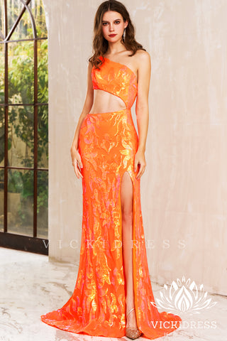 Orange One Shoulder Sequins Lace Mermaid Long Prom Dresses VK24010714