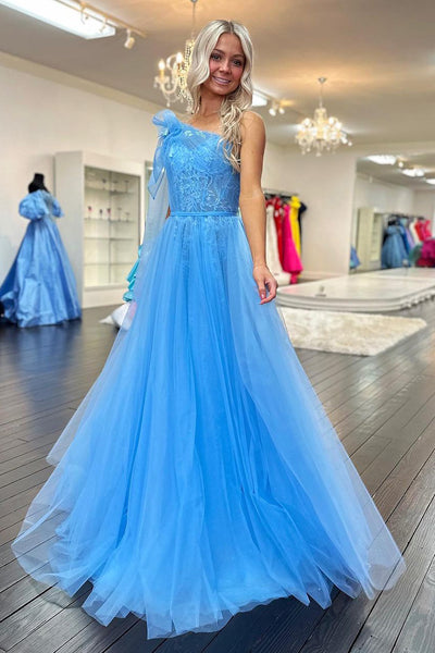 Light Blue One Shoulder Tulle Long Prom Dresses with Lace Appliques VK24011905