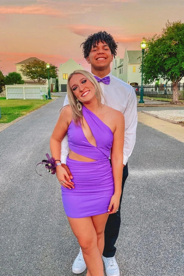 Simple One Shoulder Purple Elastic Satin Tight Mini Homecoming Dresses VK23082207
