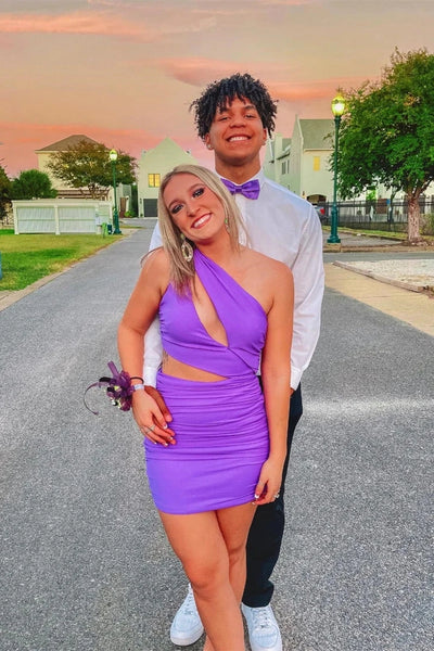 Simple One Shoulder Purple Elastic Satin Tight Mini Homecoming Dresses VK23082207