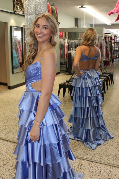 Cute A Line V Neck Dark Blue Satin Tiered Prom Dress VK16020604