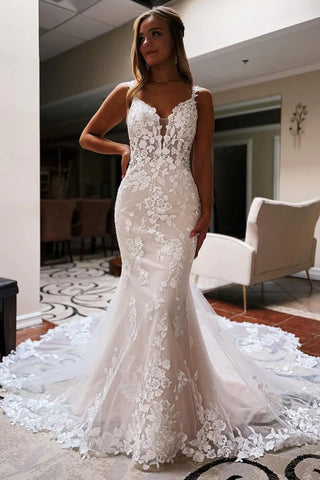 Elegant Mermaid V Neck Lace Wedding Dresses with Train VK082206