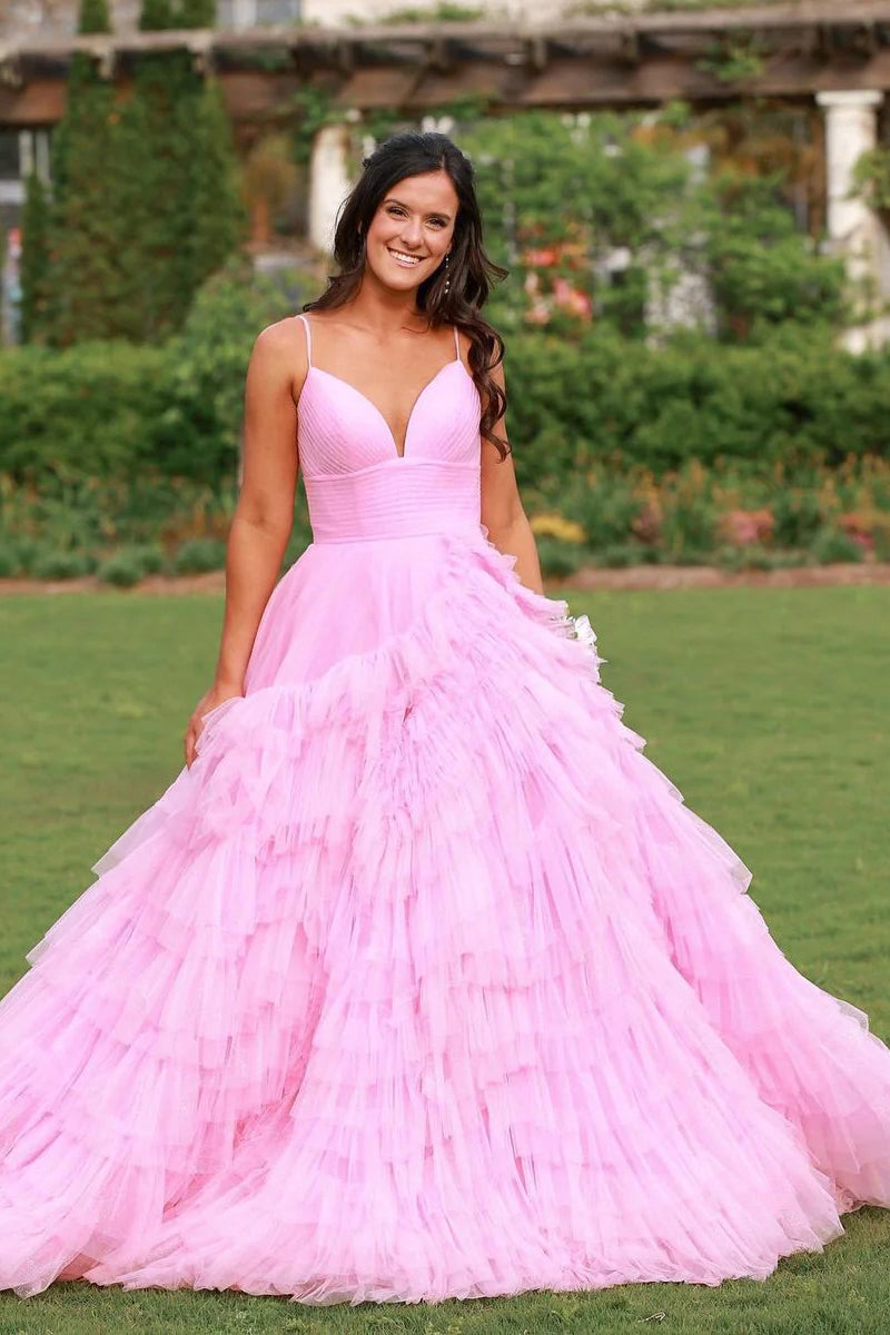 Charming Ball Gown V Neck Pink Tulle Long Prom Dresses VK23050501
