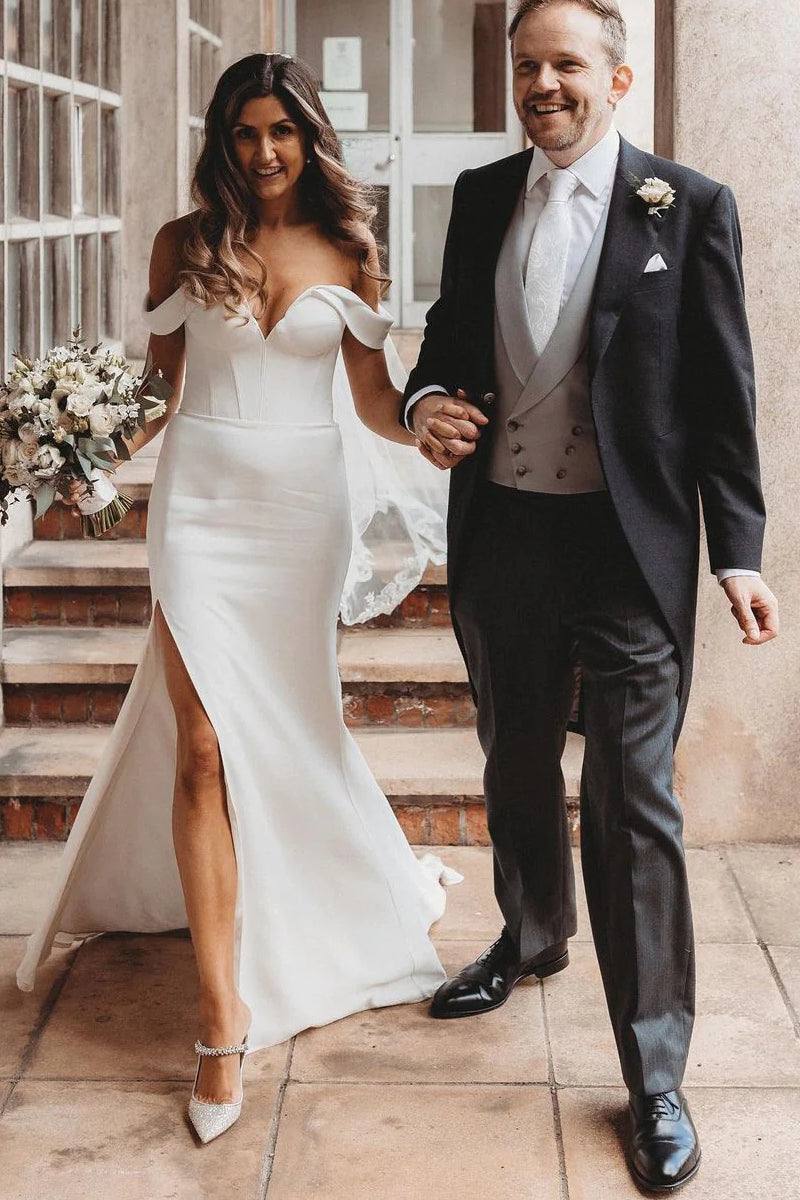 Charming Mermaid Off the Shoulder Satin Wedding Dresses with Slit VK23051207