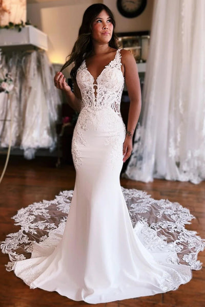 Elegant Mermaid V Neck Satin Wedding Dresses with Appliques VK23050507