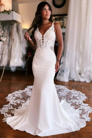 Elegant Mermaid V Neck Satin Wedding Dresses with Appliques VK23050507