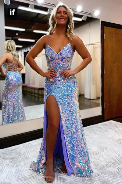 Charming Mermaid V Neck Light Blue Sequins Long Prom Dresses with Slit VK23012304