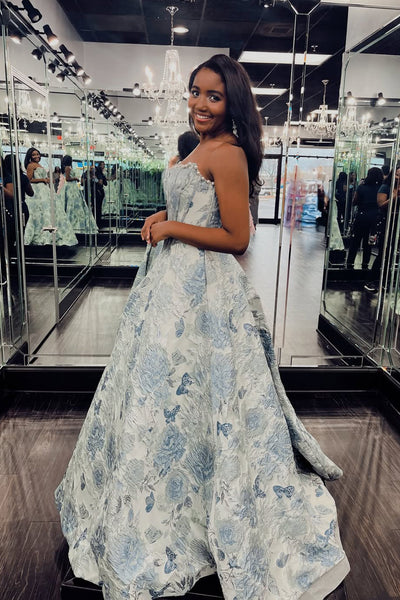 Cute A Line Scoop Neck Grey Light Blue Floral Satin Prom Dress