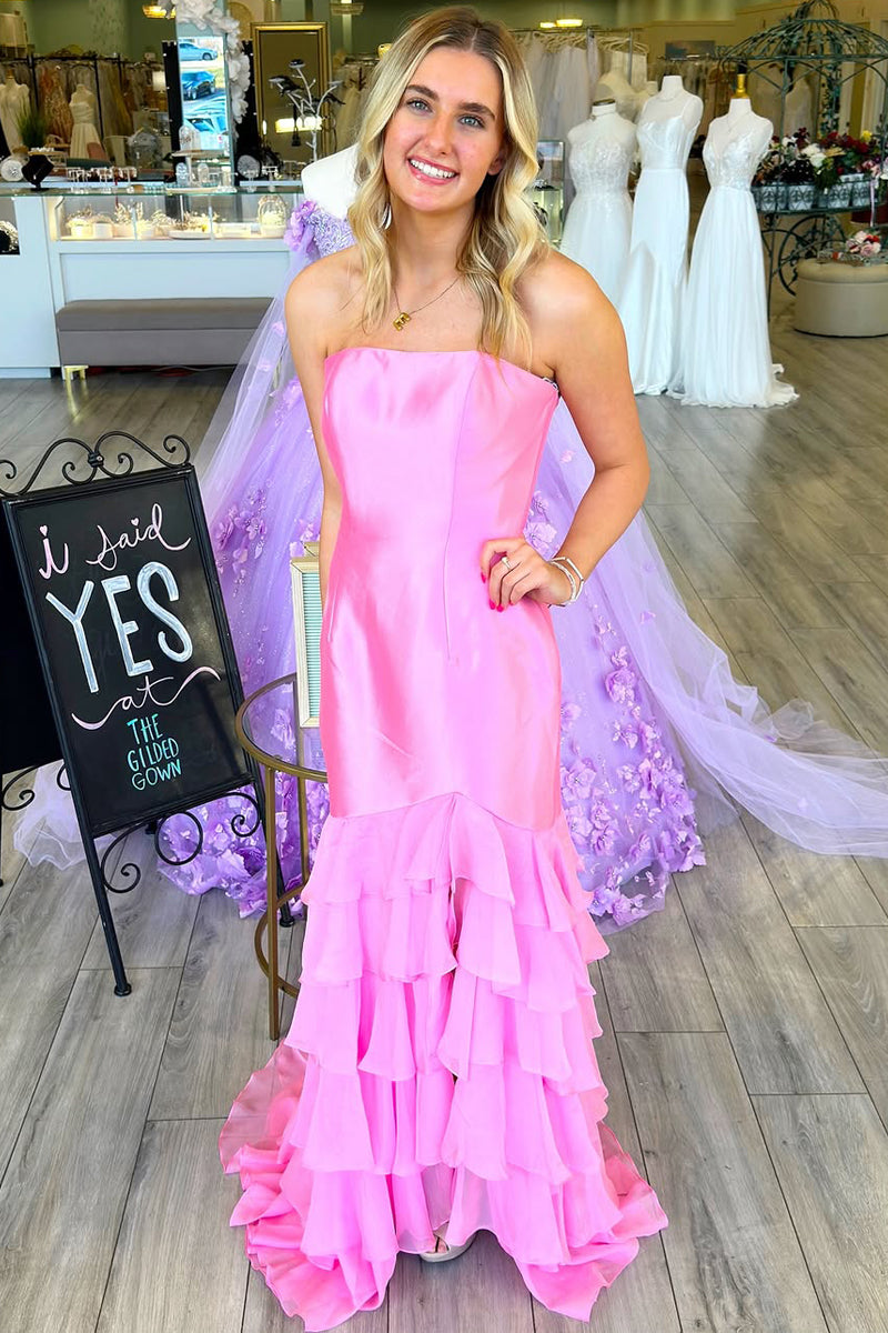 Cute Sheath Strapless Pink Satin Tiered Long Prom Dress with Slit VK25010903