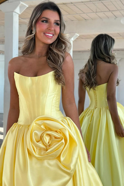 A-Line Strapless Red Satin Prom Dresses with Handmade Flower VK26012707