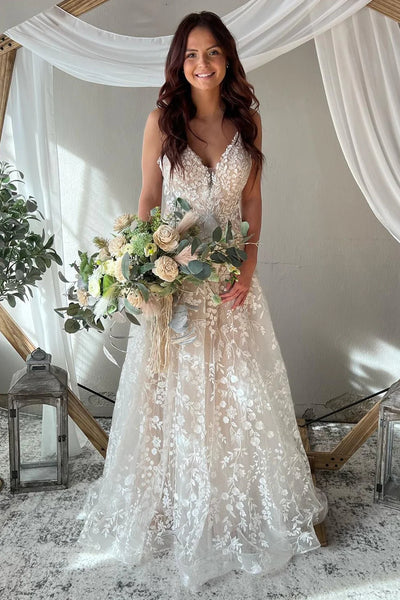 Exquisite A-Line V Neck Lace Boho Wedding Dresses VK23082707