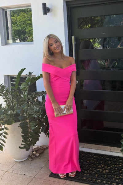 Fuchsia Satin Off-the-Shoulder Fitted Dress