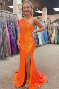 Charming Mermaid One Shoulder Orange Sequins Long Prom Dresses with Beading VK113001