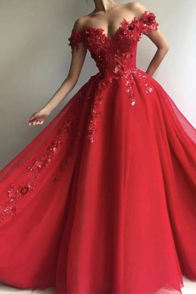 A Line Off Shoulder Tulle Red Long Prom Dresses with Appliques Sequins, Red Lace Formal Dresses, Ball Gown VK0118023