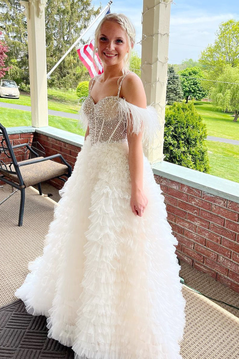 Charming Ball Gown Sweetheart Tulle Long Prom Dresses with Beading VK23051403