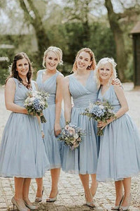Chic V-neck Sleeveless Ruched Tea-Length Blue Bridesmaid Dress VK0101032
