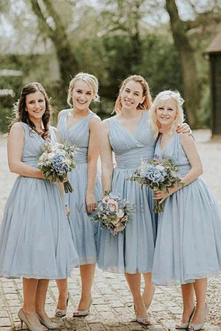 Chic V-neck Sleeveless Ruched Tea-Length Blue Bridesmaid Dress VK0101032
