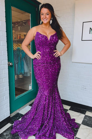 Cute Mermaid V Neck Purple Sequins Long Prom Dresses with Train VK120603