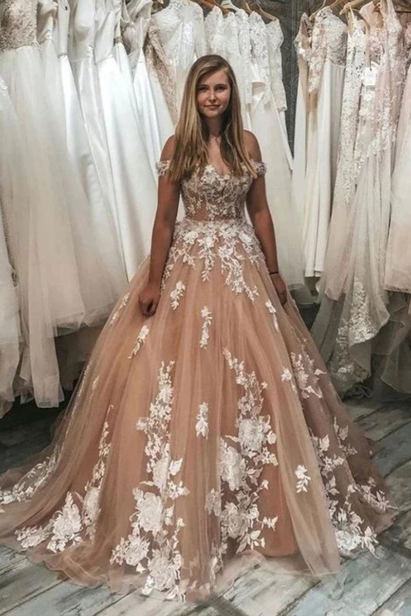 Off Shoulder Gold Wedding Dresses Ball Gown evening Dresses Lace Bridal Dress VK0125002
