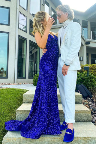 Sparkly Mermaid V Neck Royal Blue Sequins Long Prom Dresses with Slit VK23052608