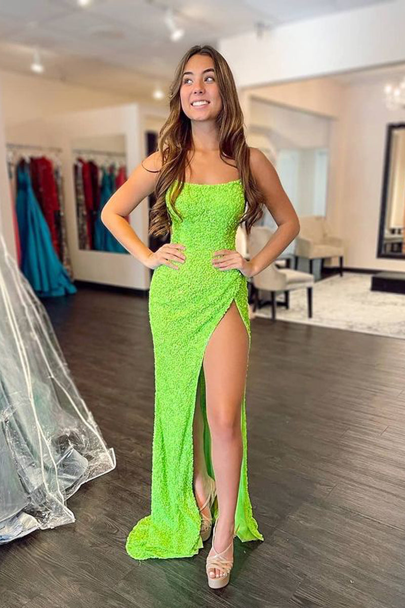 Stunning Mermaid Fluorescent Green Sequins Prom Dresses with Slit VK22041301