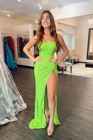 Stunning Mermaid Fluorescent Green Sequins Prom Dresses with Slit VK22041301
