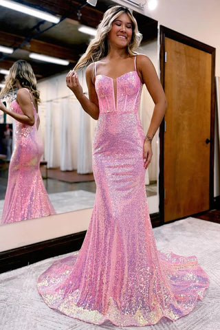 Cute Mermaid V Neck Light Pink Sequines Prom Dresses VK23040401