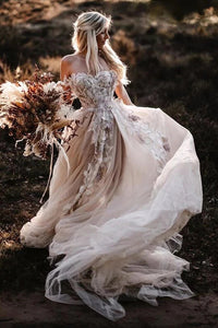 Fairy A Line Off the Shoulder Blush Pink Tulle Wedding Dress Spring Bridal Dress VK0901