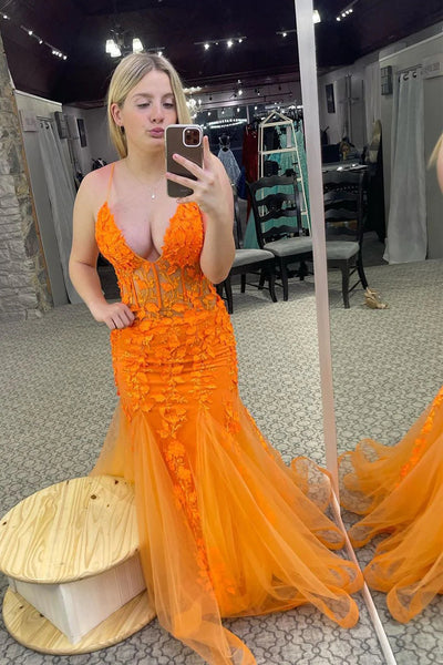 Cute Mermaid V Neck Tulle Orange Prom Dresses with Lace VK121304