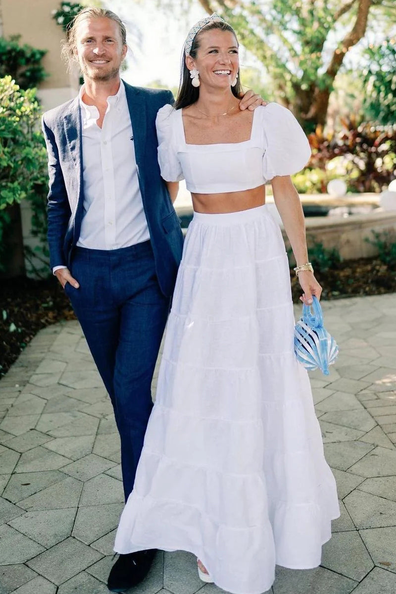 Cute A Line Two Piece Square Neck Satin Long Wedding Dresses VK23052604