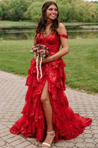 Cute Ball Gown Off the Shoulder Red Sequins Lace Long Prom Dresses with Slit VK23051505