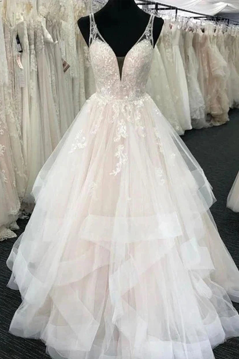 Elegant A-Line V Neck Tulle Wedding Dresses with Appliques Bridal Gowns VK0119010