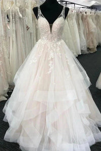 Elegant A-Line V Neck Tulle Wedding Dresses with Appliques Bridal Gowns VK0119010