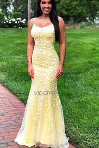 Yellow Spaghetti Strap Mermaid Lace Appliqued Long Prom Dress, Sweep Train Evening Dress VK0101007