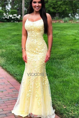 Yellow Spaghetti Strap Mermaid Lace Appliqued Long Prom Dress, Sweep Train Evening Dress VK0101007