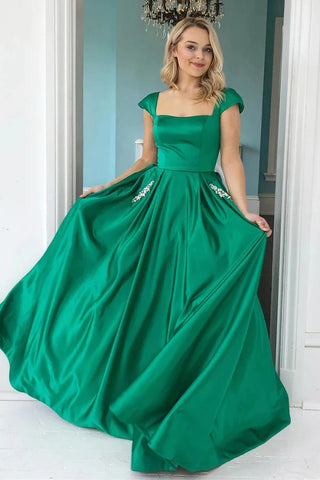 Cap Sleeves Green Satin Long Prom Dresses with Pocket, Green Formal Graduation Evening Dresses VK0509006