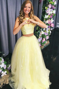 Free Shipping Stunning Two Piece A-Line Yellow Tulle Long Prom Evening Party Dresses VK0119053