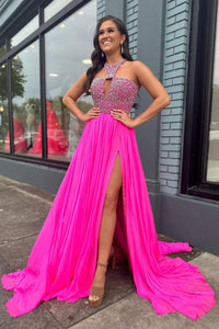 Cute A Line Round Neck Hot Pink Chiffon Long Prom Dresses with Beading VK23061207