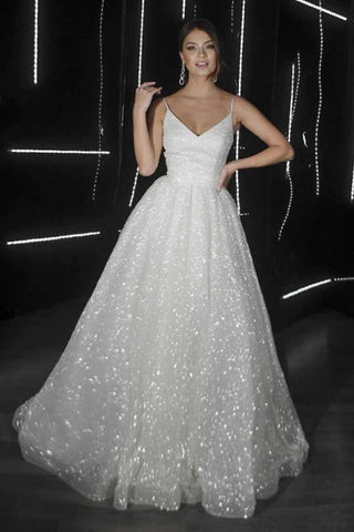 A-Line V-Neck Sleeveless Zipper-up Sequins Wedding Dress With Sweep Train VK0701008