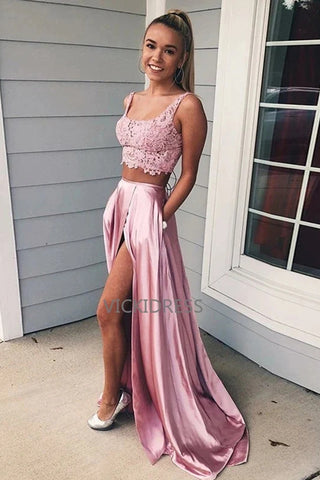 Free Shipping Gorgeous Satin 2 Pieces Prom dresses Square Lace Dresses With Slit VK0112019