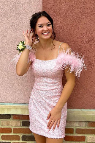 Sparkly Bodycon Scoop Neck Pink Sequins Short homecoming Dresses with Feather VK23051508