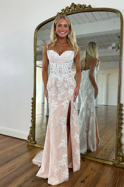 Mermaid Strapless Sweetheart Yellow Corset Appliques Long Prom Dresses with Slit VK26012904