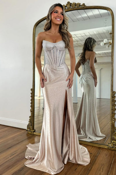 Gorgeous Mermaid Scoop Neck Hof Fix Satin Prom Dress with Slit VK16020606