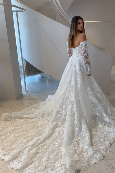 A-Line Off the Shoulder Long Sleeves Floral Lace Wedding Dresses VK26081904